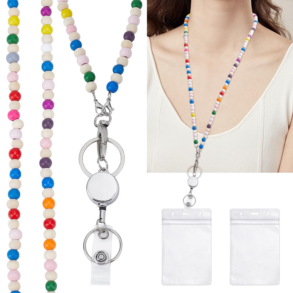 CRAFTYMELODY Wood Beads Retractable Lanyard Round Wooden Colorful Beaded ID Badges Alloy Plastic Sequin Beadable Badge Reels Teacher Lanyard Name Card Holders for Keys Eyeglass Chains