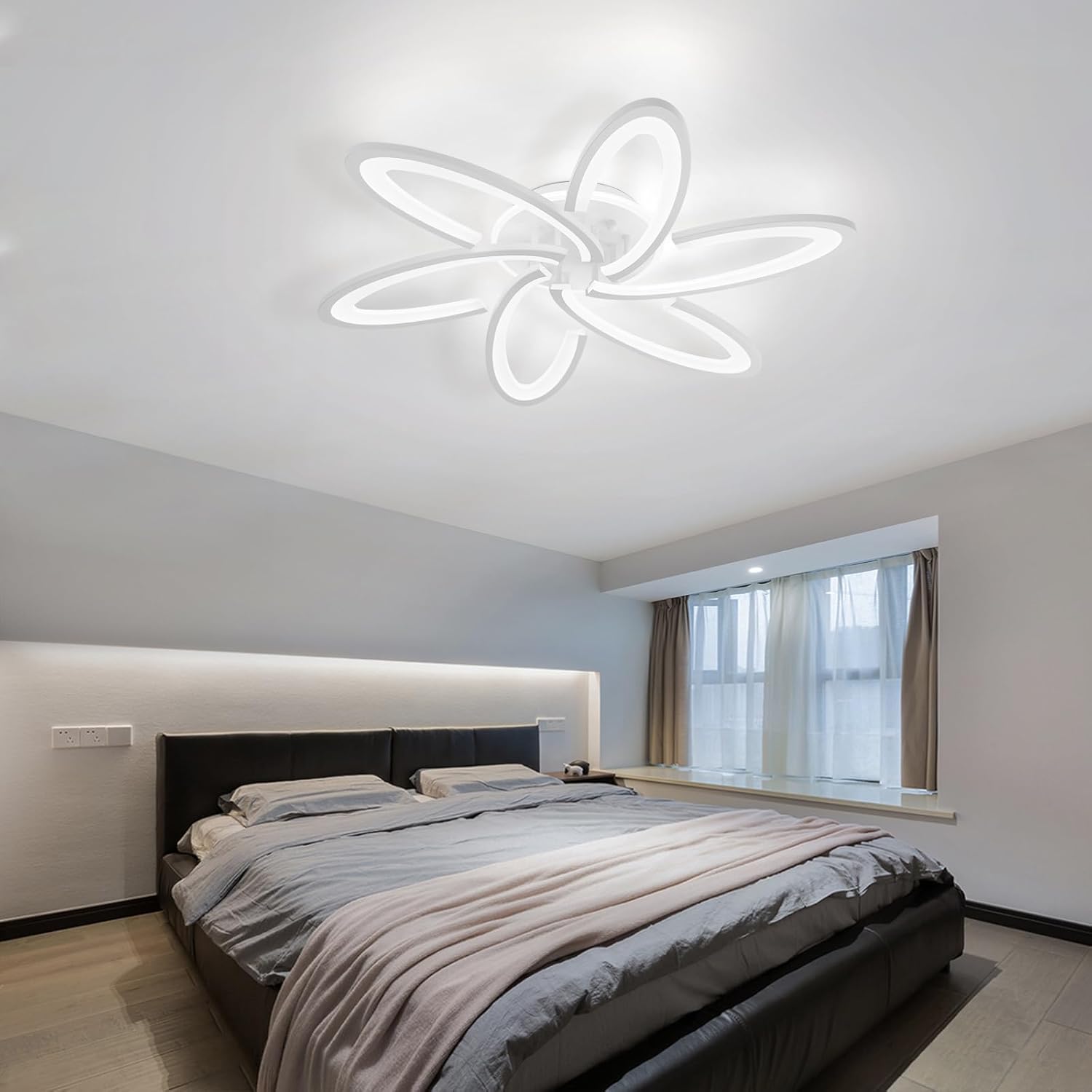 Modern LED Light, 6+1 Rings 93W Dimmable Fixture 29.5" 3000K-6500K Flush Mount White Flower Ceiling Lamp with Remote for Living Room, Bedroom, Kitchen