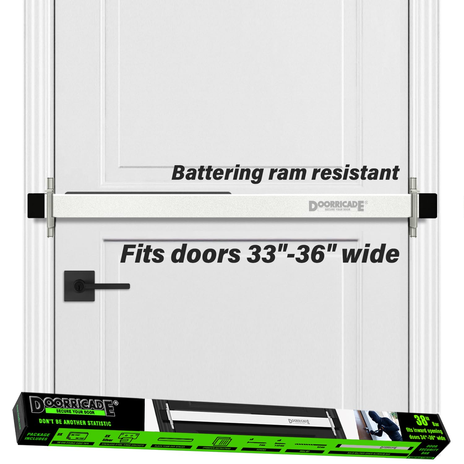 Door Security Bar-by Doorricade-Secure The Entire Width of Your Inward Opening Front Door-Safe Room. Fits Doors 33"-36" Wide.