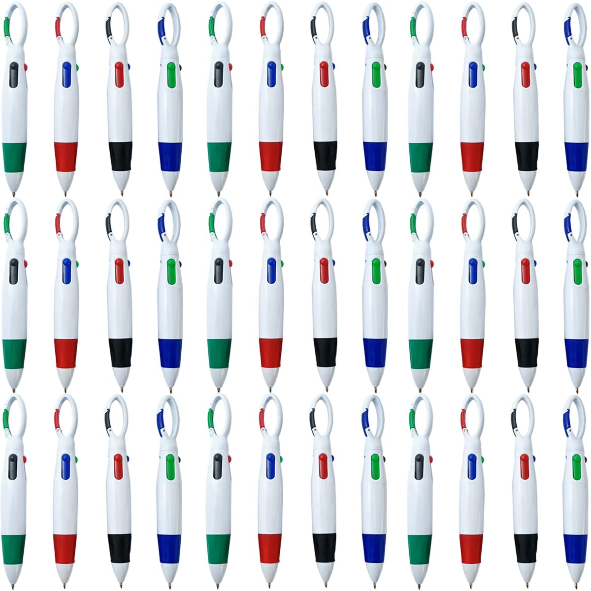 NSBELL Lot de 36 stylos à bille rétractables 4 en 1 en plastique avec boucle porte-clés sur le dessus pour bureau, école, étudiants, enfants