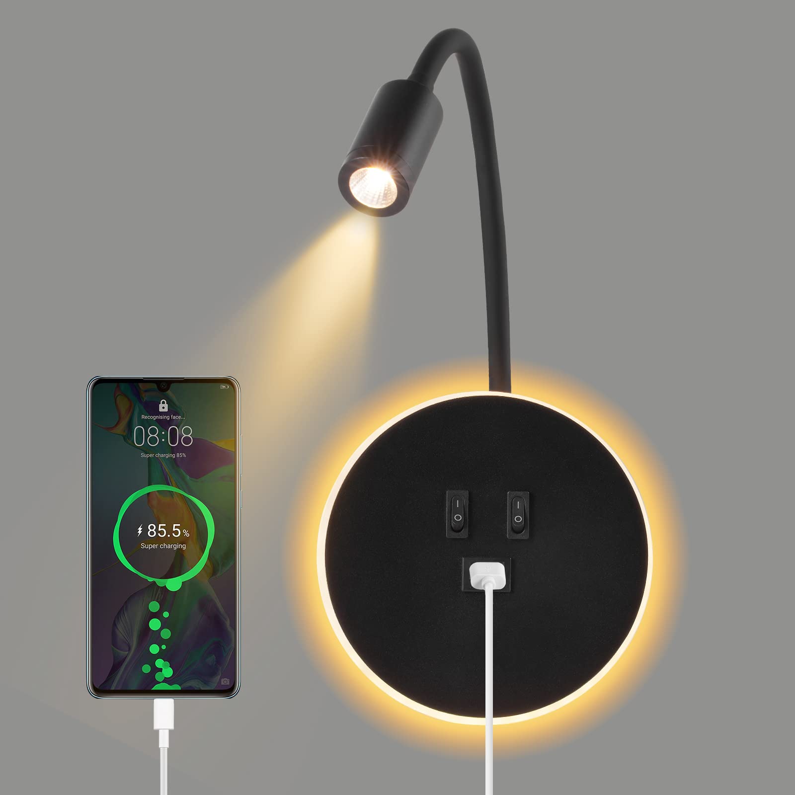 Lámpara de Lectura con Cuello de Cisne LED, Lámpara de Pared, Lámpara de Lectura Junto a la Cama, Lámpara de Noche Ajustable con Puerto de Carga USB e Interruptor, Lámpara de Pared para Pasillo(Black)