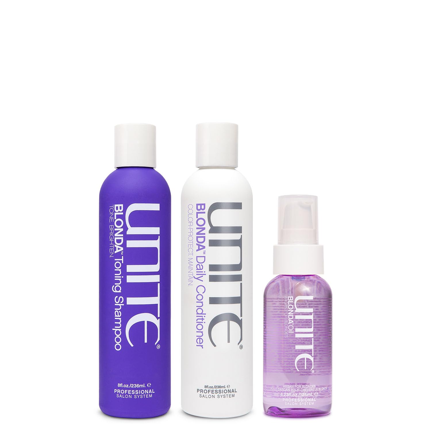 UNITE Hair – BLONDA Toning Shampoo, Daily Conditioner & BLONDA Oil – Neutralizes Brass, Repairs & Adds Brilliant Shine – For Blonde Hair – 8 Fl Oz, 8 Fl Oz & 4.23 Fl Oz