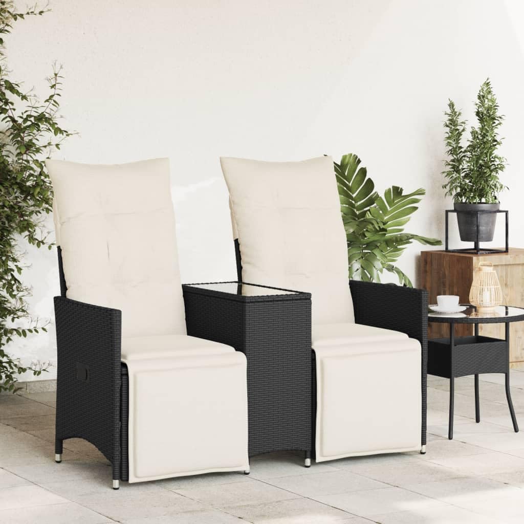 IKAYAA Balkonmöbel Set mit integriertem Tisch, Verstellbare Hochlehner Stühlen, Polyrattan Gartenbank 2-Sitzer, Gartensofa 2-Sitzer, Balkon Sitzgruppe, Schwarz, Hartglas Tisch