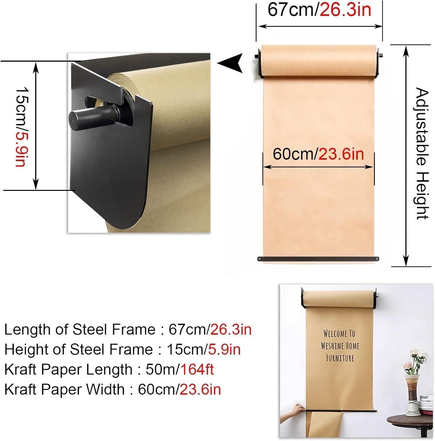 Papierspender und Koppler für Café-Menüs, groß, 37 x 67 x 97 cm, Wandstütze für Speisekarten aus Kraftpapier (Schwarz, 67 cm breit)
