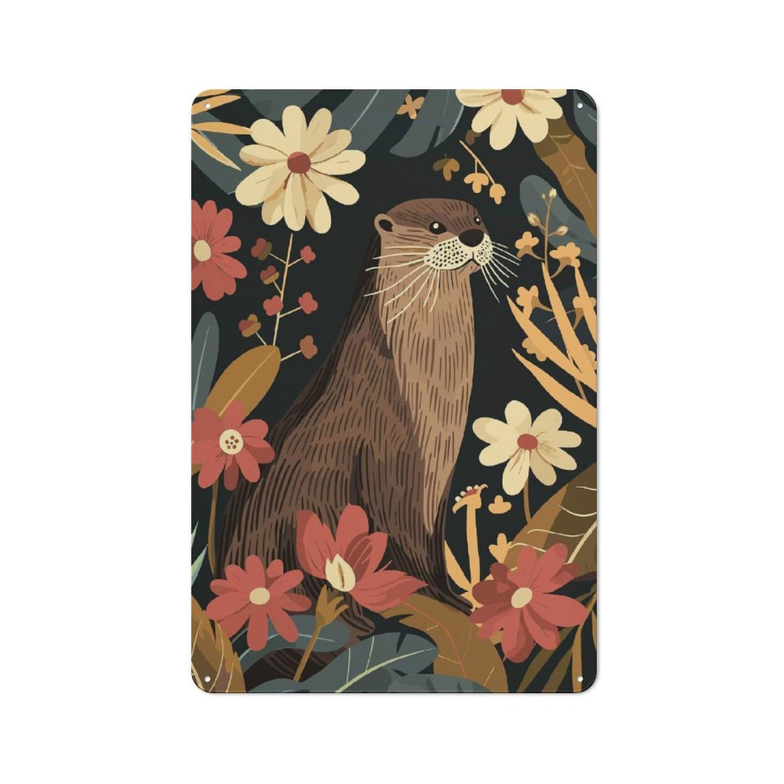 Junmoney Otter In Floral Paradise Vintage Metal Wall Decor 30X20cm, Metal Gift Sign For Hallway, Home Bar, Garage Or Study