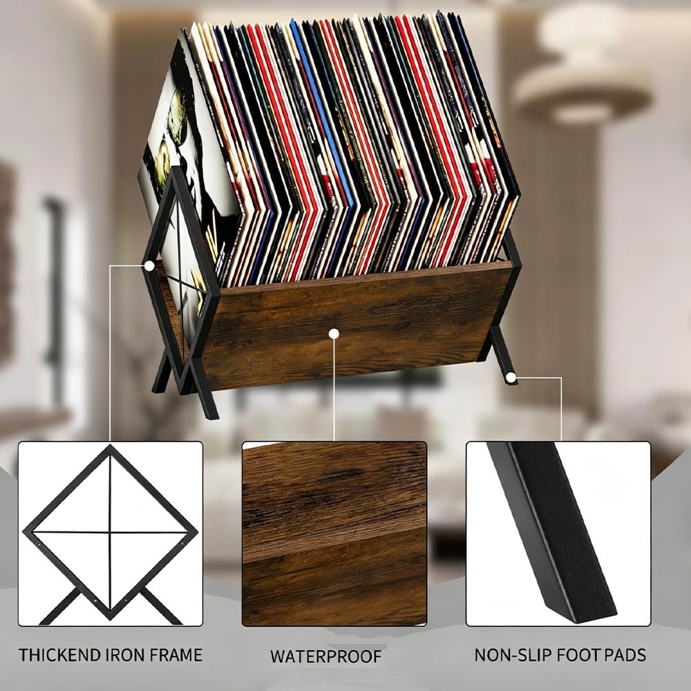 Scaffale per dischi in vinile, Portadischi da 80 LP, Scaffale per dischi in legno, Espositore per vinili a 1 livello con divisore regolabile, Organizzatore per album, riviste, libri, file