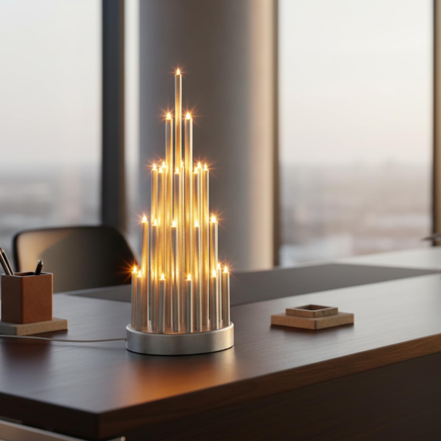 com-four® 2x LED Stimmungsleuchter Pyramide, Kerzenbrücke mit 33 | Schwippbogen für Fensterbank und Tischdeko - Lichterbogen batteriebetrieben