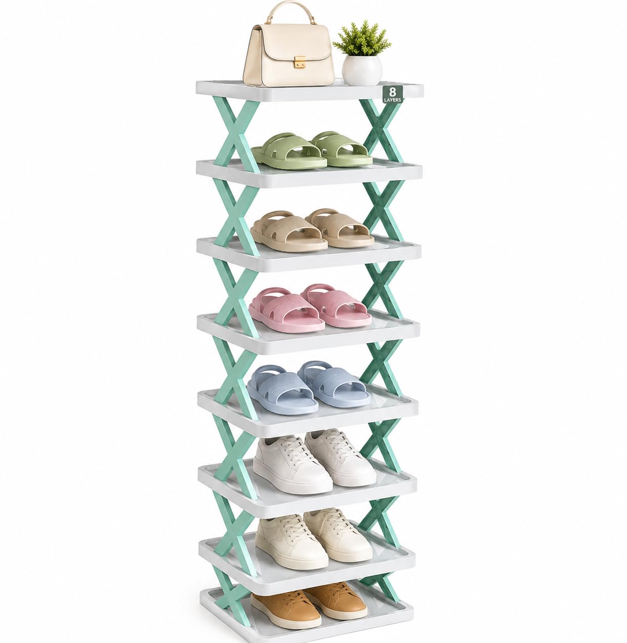 8-Layer Foldable Shoe Rack, Adjustable, X-Frame Stand | No Tools Required, Folds Flat for Storage, X-Frame Side Supports, Multi-Purpose Shelf, Assorted Colors-image-49