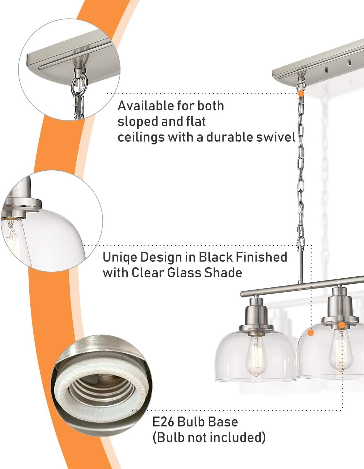 EAPUDUN 3-Light Kitchen Island Light, Farmhouse Pendant Lighting for Dining Room Pool Table Ceiling Light, Brushed Nickel Finish with Clear Glass, PDA1125-BNK