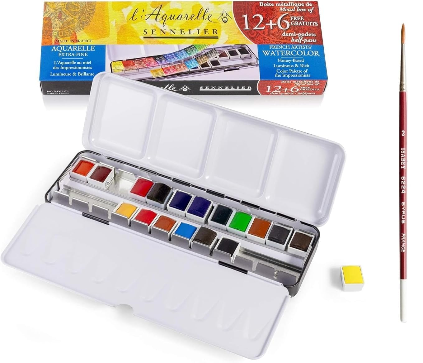 Sennelier Aquarellfarben-Set, 18 halbe Näpfchen Extra-Fein, Metalldose mit 1 Karte und 1 Gratis-Pinsel