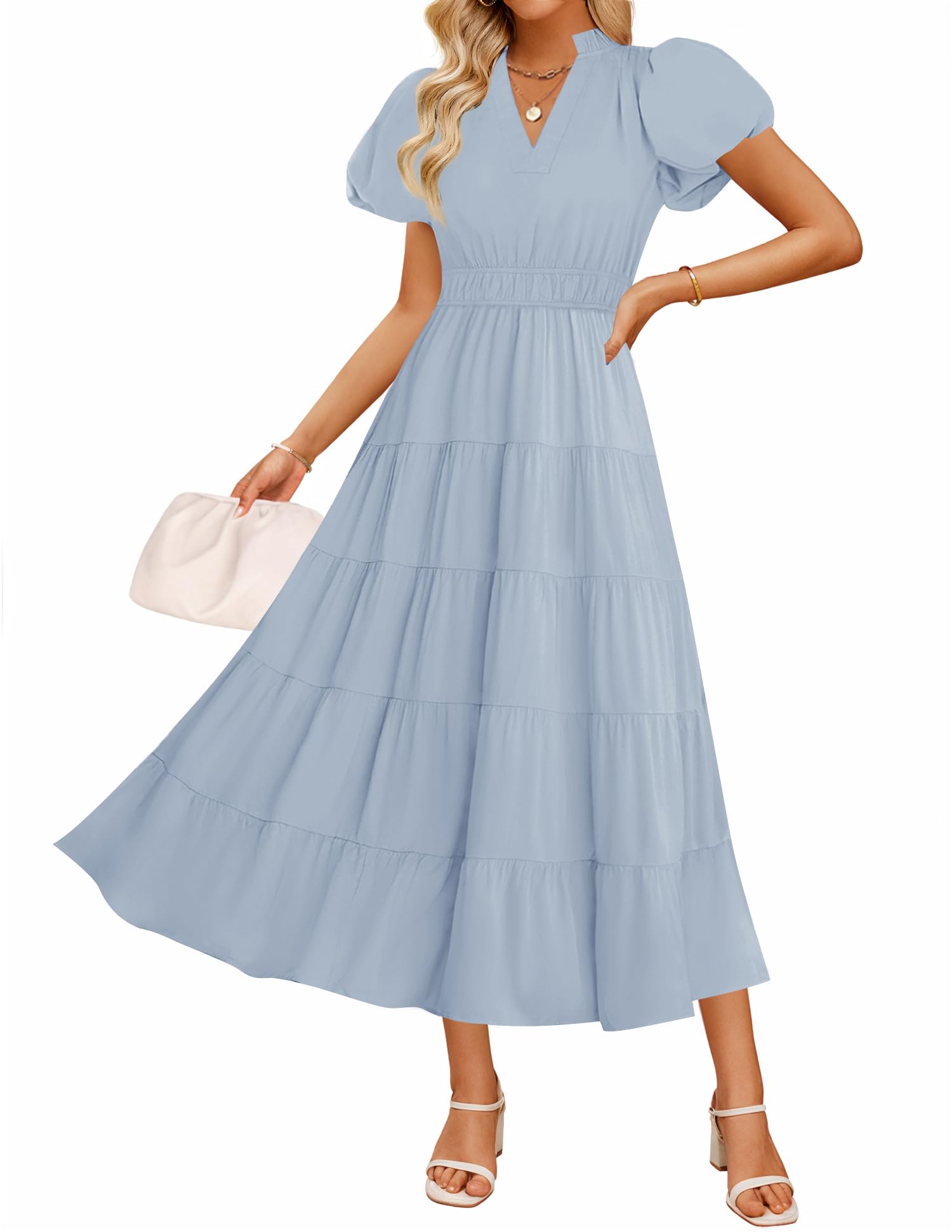 ZESICA Women's Summer Casual Maxi Dress 2026 Puff Short Sleeve V Neck Ruffle Tiered Flowy Boho Beach Dresses