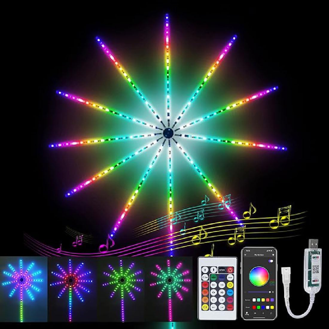 WiFi Bluetooth Smart Fireworks LED Light, Firework LED Lights, Smart Firework LED Lights, USB Firework Strip Lights with Remote and App Control, Color Changing Music Sound Sync Light for Bedroom
