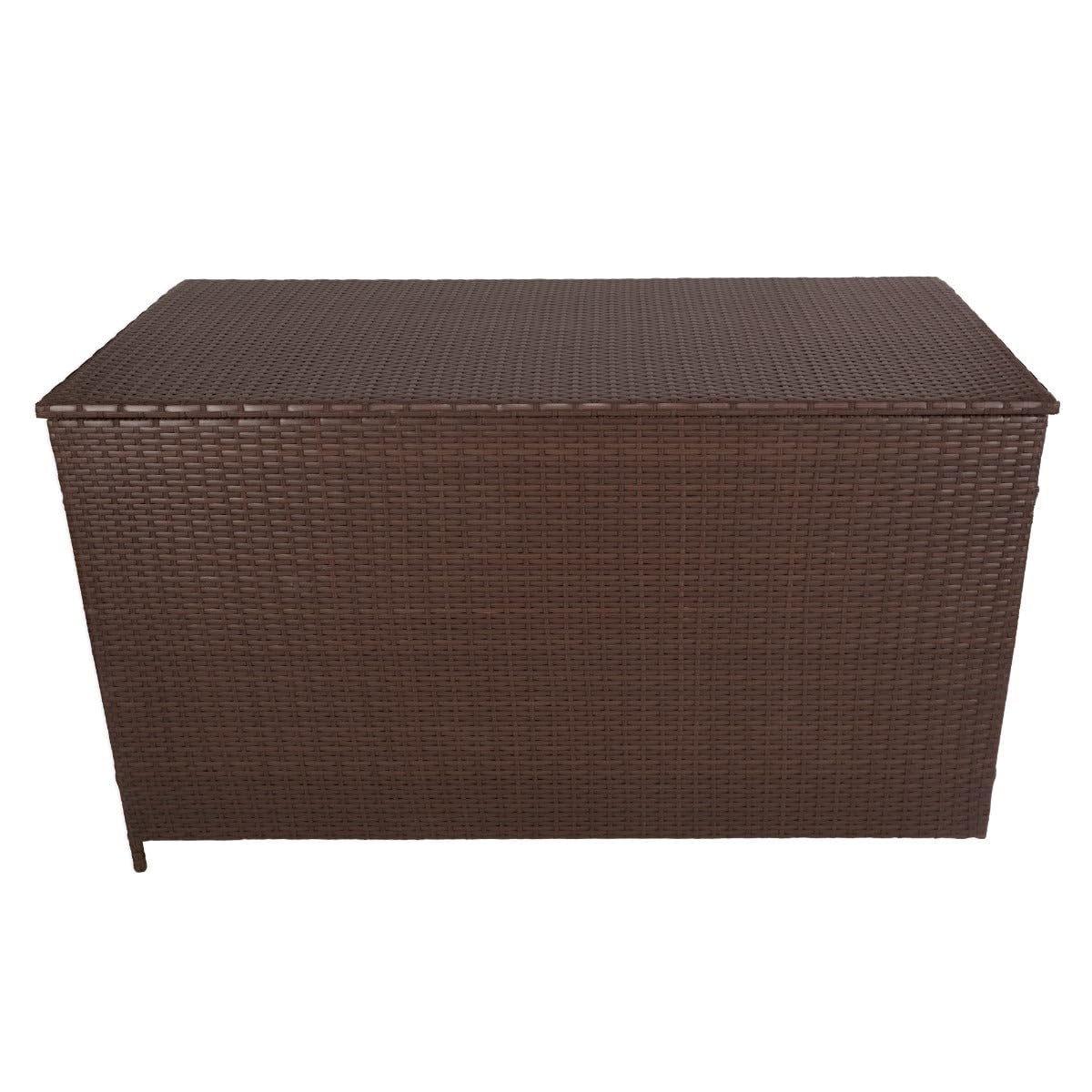 Coffre de Rangement Jardin Extérieur 586 L en Rotin Marron Résistant Aux Intempéries Doublure Zippée Rangement de Coussins Serviettes Jouets Meuble de Jardin Terrasse Cadre en Acier Verin en Gaz