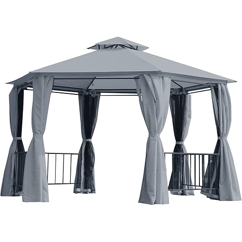 Outsunny 13' x 13' Patio Gazebo, Double Roof Hexagon Outdoor Gazebo Canopy Shelterwith Netting & Curtains, Solid Steel Frame for Garden, Lawn, Backyard and Deck, Grey