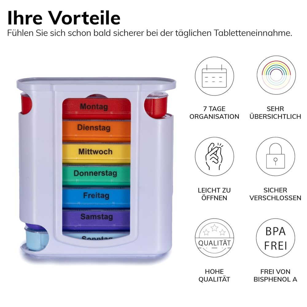Laro Tablettenbox Bunt 7 Tage 4 Fächern pro Tag - Wahlweise mit 3/6/12/24/48/96 Stück - Seniorenfreundlich, Anzahl:48