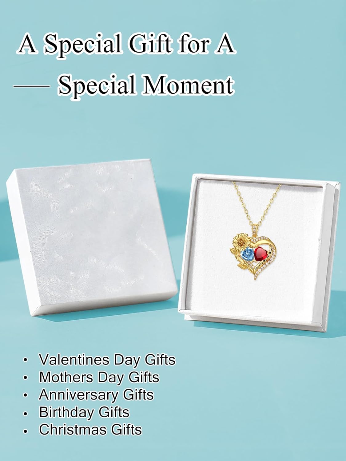 Sunflower Heart Necklace for Women 14K Gold Exquisite Valentines Day Anniversary Birthday Gifts for Wife Mother Her Double Birthstone Pendant Jewelry‘You Are My Sunshine’ - Image 6