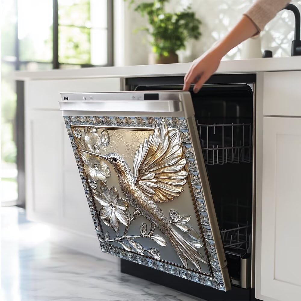 Silver Glass Hummingbird Kitchen Decor Magnetic Dishwasher Cover Sticker, 3D Flower Bird Dishwasher Magnet Full Door Cover, 23"x 26" Hummingbird Home Fridge Magnet Panel Decal