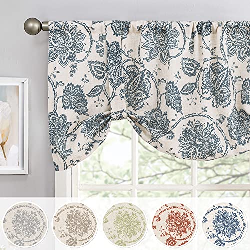 JINCHAN Valance Curtain Kitchen Farmhouse Window Valance for Living Room Linen Scroll Paisley Valance for Bedroom Bathroom Decor Floral Printed Tie Up Valance 18 Inch 1 Panel Rod Pocket Blue on Beige