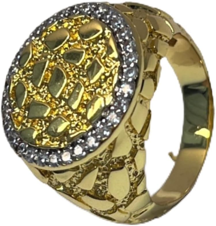 Jewelry | Oval 17.5mm Wide Gold Nugget Ring | 31x1.5mm White Zircon Stones | Copper Base & 14K Gold Plated | Hip Hop Jewelry for Men & Women, Size 10
