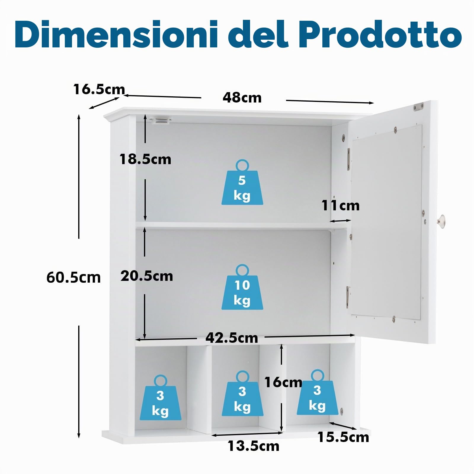 LIFEZEAL Specchio Bagno Contenitore in Legno, 50 x 16 x 61 cm, Armadietto Sospeso Lavabo con HD Specchi, Pensile a 2 Rapiani e 3 Scomparti Portaoggetti Aperti, Mobiletto salvaspazio da Parete, Bianco