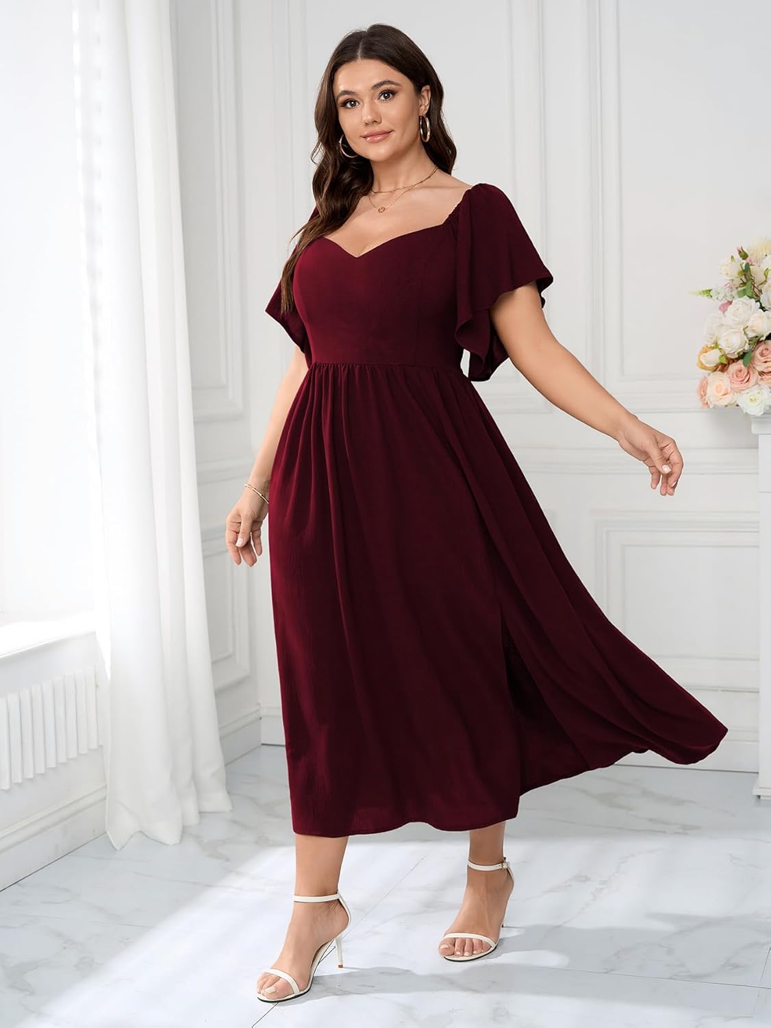 SCOMCHIC Women Plus Size Dresses Short Sleeve Sweetheart Neckline Wedding Guest Cocktail Smocked A Line Slit Maxi Dress - Image 4