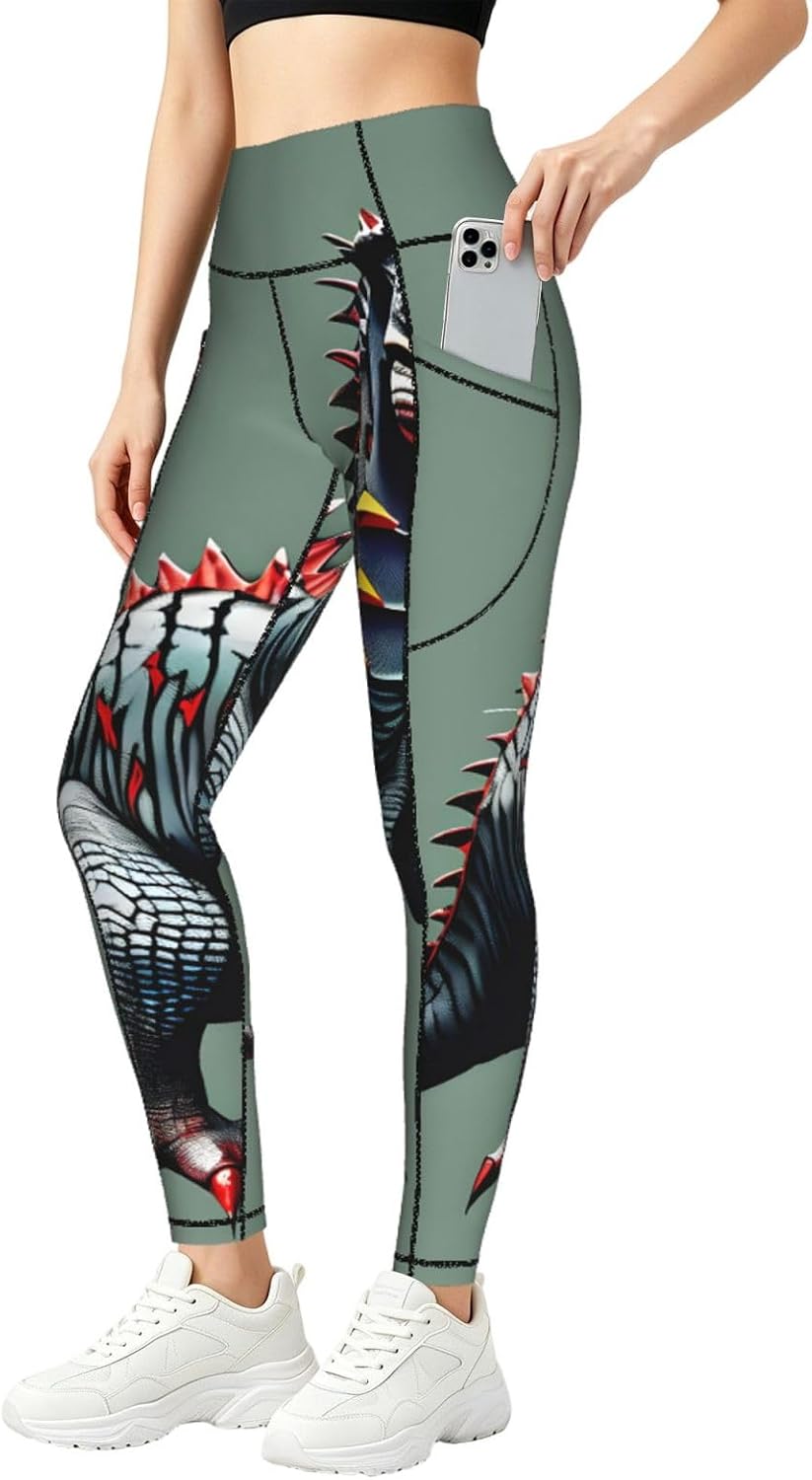 Cute Dinosa Print Leggings with Pockets,High Waist Tummy Control Pants, Workout Sets for Women
