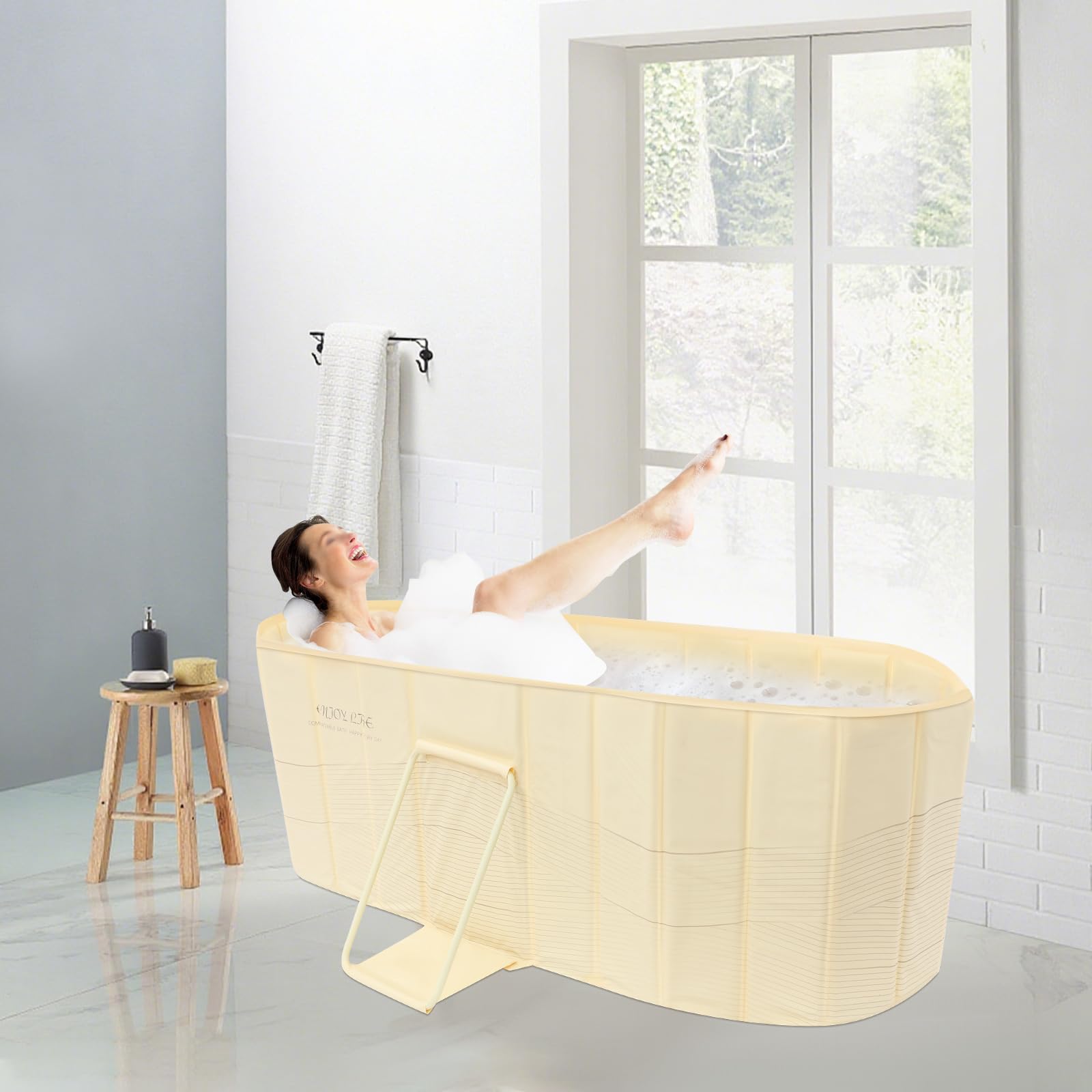 Vasca da bagno portatile pieghevole per adulti per casa, bagno di ghiaccio, sauna e doccia con vite di scarico e tubo, fino a 100 kg, fino a 175 cm, 150 x 55 x 50 cm (giallo)