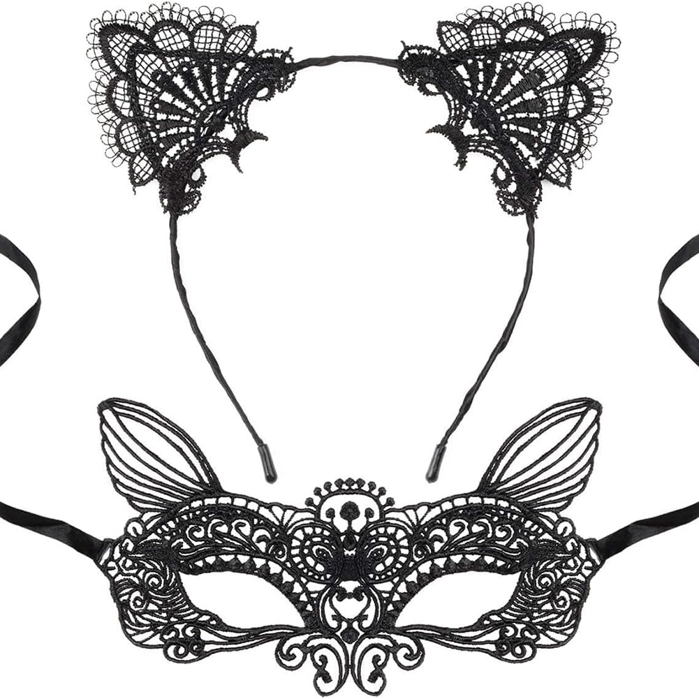 HATFRYF Cat Mask and Cat Ears Headband, Sexy Lace Masquerade Masks, Costume Catwoman Accessories Make Up Party Favors - 2pcs