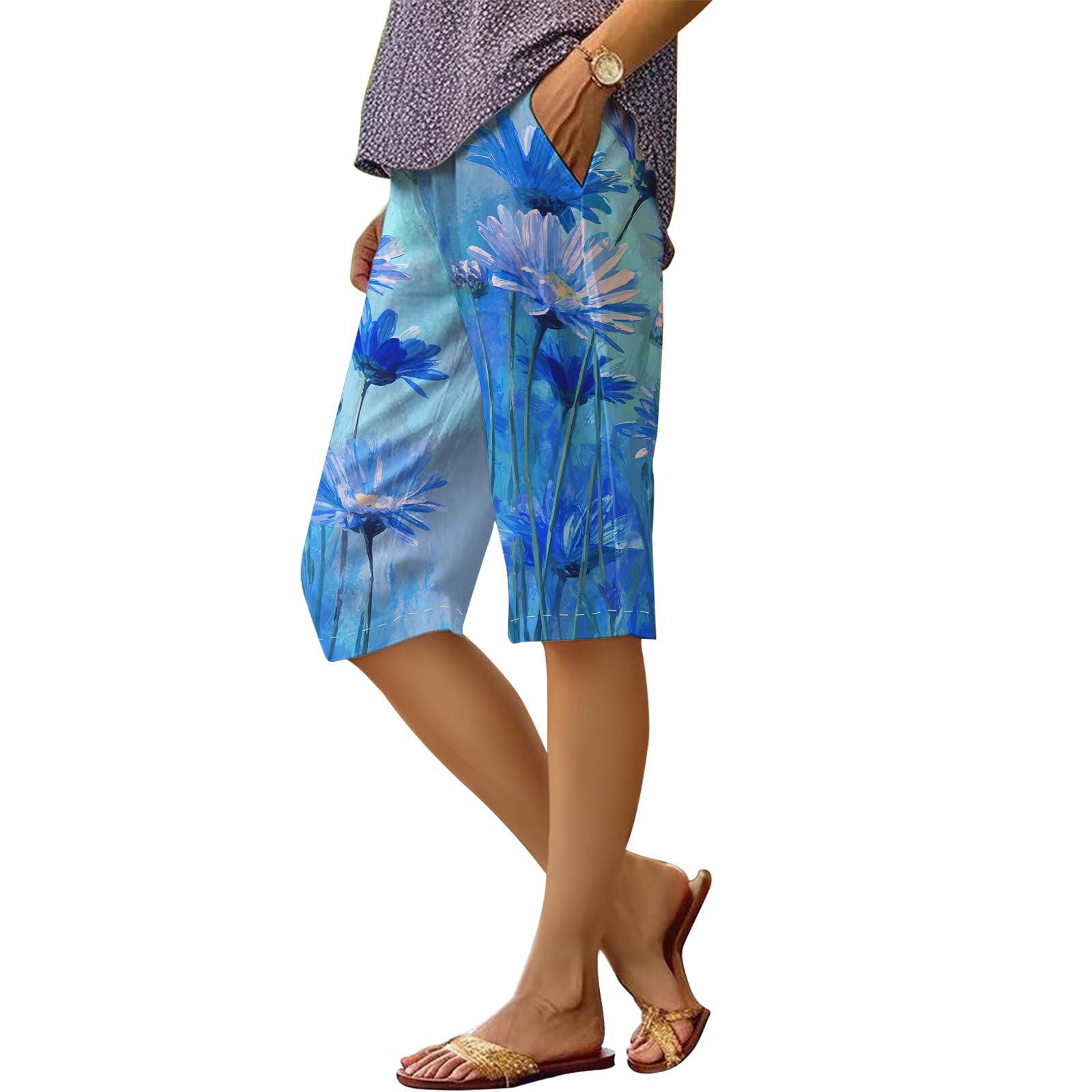 Womens Summer Beach Bermuda Shorts Floral Oil Painting Loose Casual Knee Length Wide Leg Gym Athletic Pants with