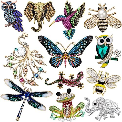 12 Pcs Women Brooches Bulk Set Rhinestone Animal Pin Crystal Vintage with Hummingbird Owl Elephant Peacock Bee Brooch Pin Animal Shape Brooch Pin Butterfly Pins for Women Girls Christmas Gifts