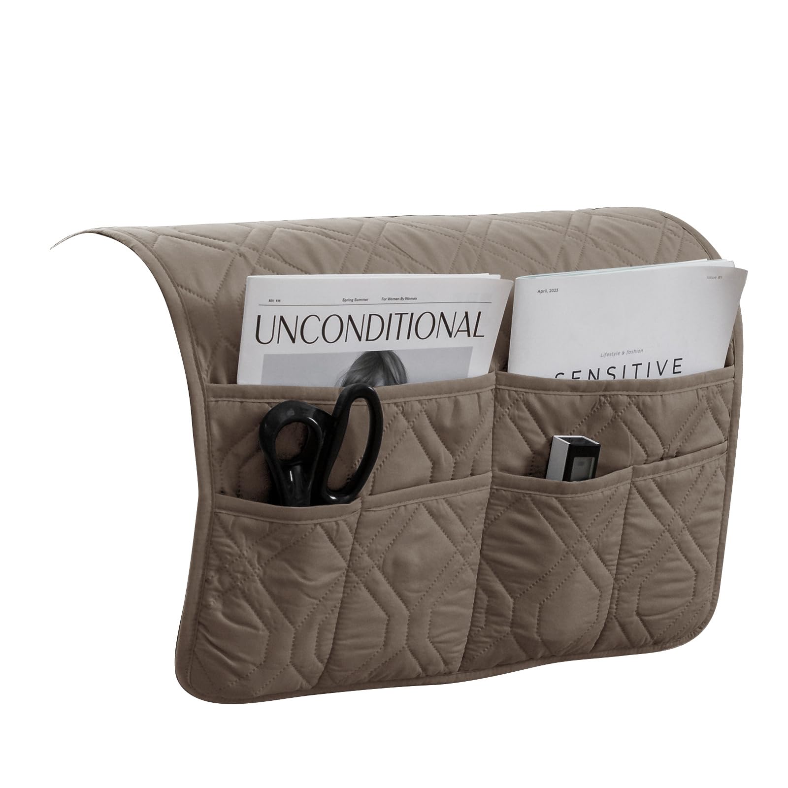 Xdks Taupe Sofa Armrest Organizer Caddy Anti-Slip Armchair Storage Bag Remote Control Holder For Recliner Couch With Pockets For Cellphone Magazines Glasses Space Saver Bag (Taupe)