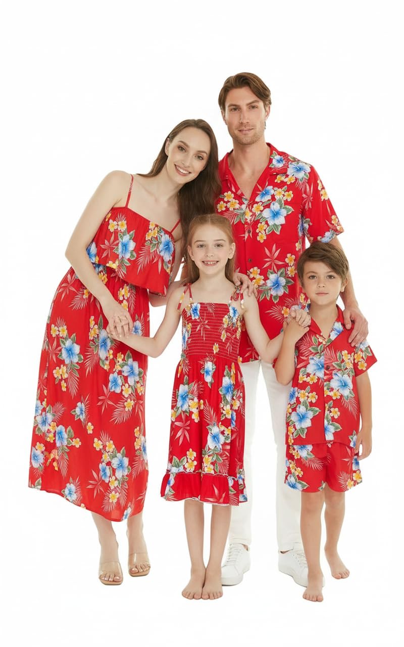 Matchable Family Hawaiian Luau Men Women Girl Boy Clothes in Hibiscus Red