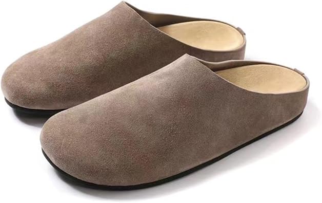 Suede Clogs for Women Round Toe Leather Mules Cork Footbed Slip On Sole Flats Shoes Comfortable Outdoor Slippers with Arch Support