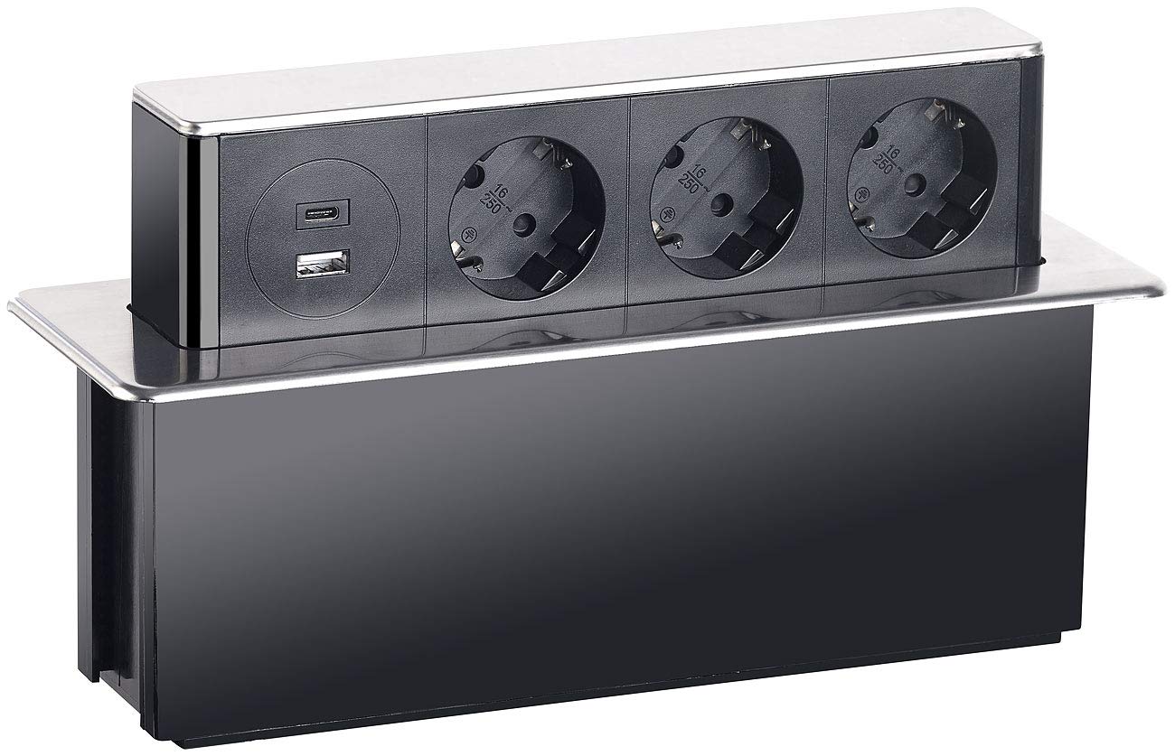 revolt USB Hub versenkbar: Versenkbare 3-Fach Einbau-Tischsteckdose, USB-C, PD & QC 3.0, Silber (Steckdosenleiste versenkbar, Versenkbare Steckdose mit c, Tablet)