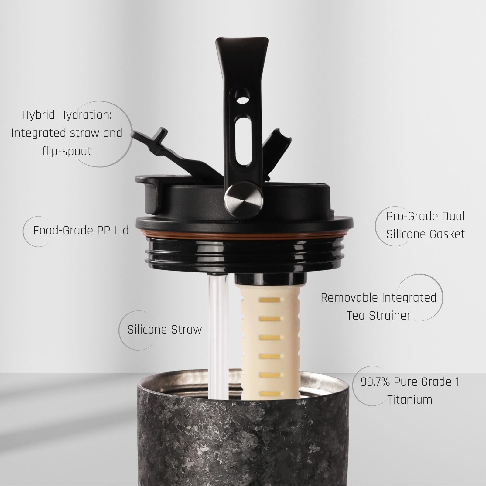 SILVERANT Gobelet isotherme en titane - 880 ml / 29,7 oz avec poignée et double paille intégrée au couvercle - Compatible avec les porte-gobelets de voiture - Noir cristallisé