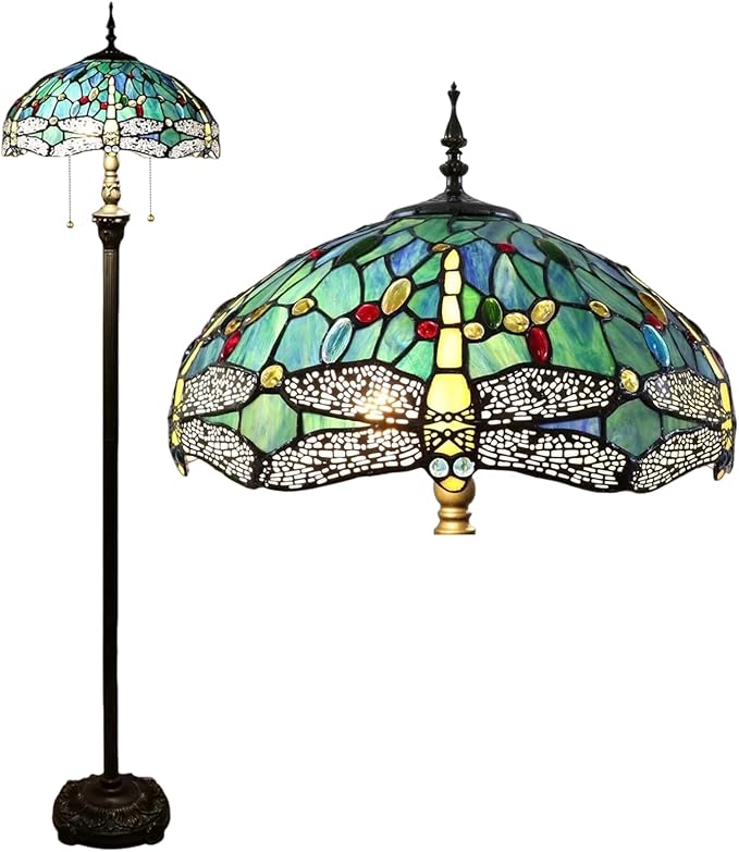 Kinbolas Kinbolas Vloerlamp Tiffany Stijl 40 cm Retro Libelle Gekleurd Glas Lampenkap Leeslamp Vintage Staande Lamp Boho Art Decoratie Slaapkamer Woonkamer Vloerlamp Pedaal Switch