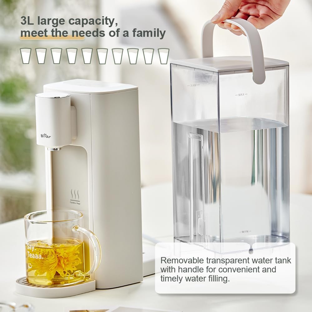 The Bear HotCup Hot Water Dispenser with its transparent 3-liter water tank removed and held by a hand, illustrating its easy refilling capability.