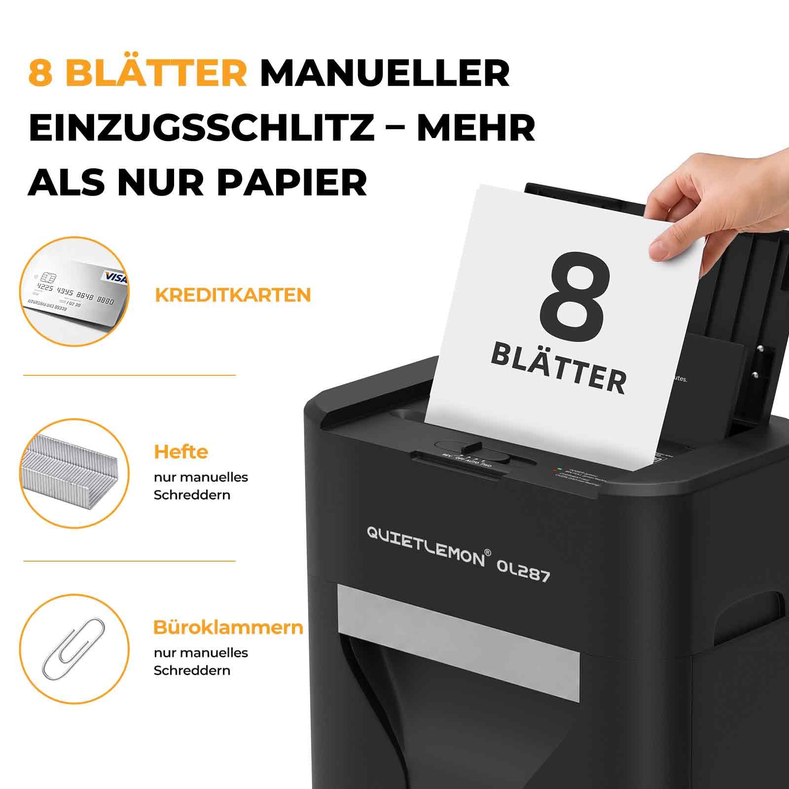 Automatischer 120 Blatt Aktenvernichter P-4 Partikelschnitt Aktenvernichter, 8 Blatt manuell, 60 Min Dauerbetrieb, Anti-Stau, vernichtet Kreditkarten Heftklammern 20L
