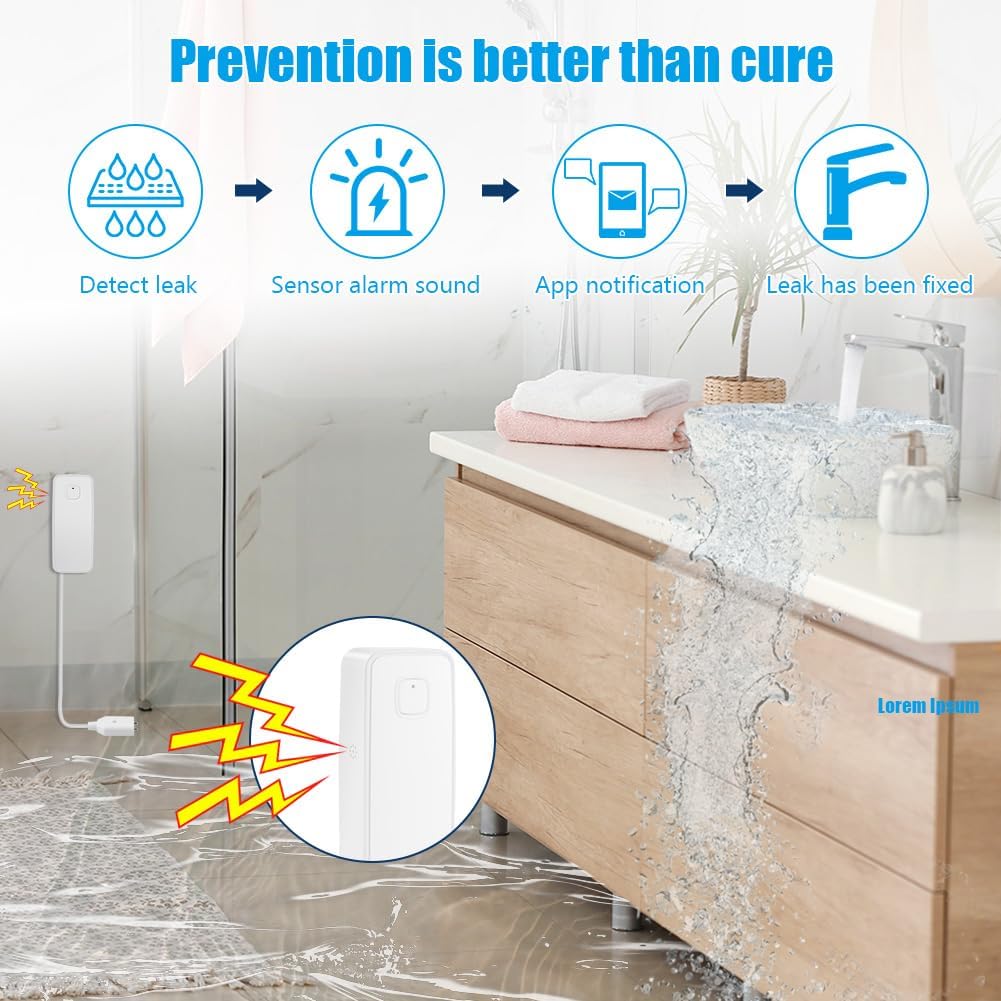 Flintronic Detektor wycieku wody Wi-Fi, inteligentny czujnik wycieku wody, alarm wody 80 dB z kablem wykrywającym 1 m, zdalne monitorowanie aplikacji, zasilanie baterią AAA, do kuchni, piwnicy,