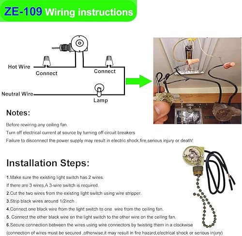 Miniatura 7 de Zing Ear ZE-109 - Interruptor de luz para ventilador de techo, dos cables con cables de tracción, interruptor de luz de control de encendidoapagado