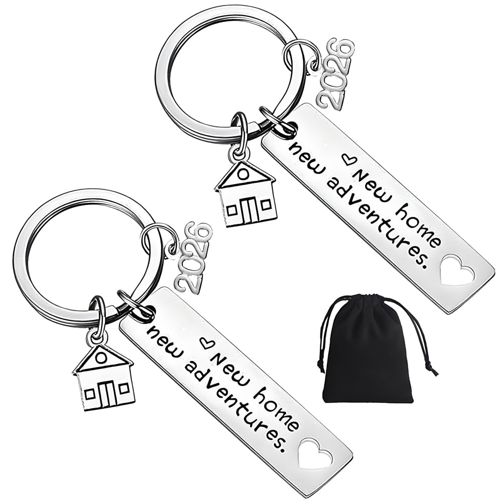 2 Pcs New Home Keychains 2022 New Homeowner House Keyring First Home Keychain for Friends Couple Husband Wife Gift (New Home New Adventures), Silver, 1.2*5cm