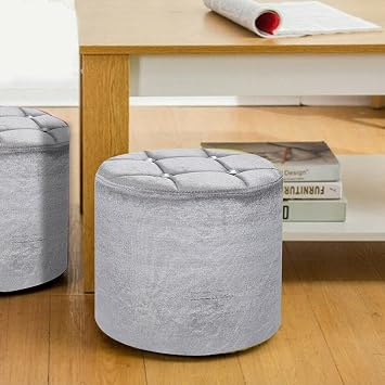 Shoze Round Dressing Table Stool Upholstered Velvet Plush Vanity Chair Folding Storage Box Seat Legs Padded Footrest Reception Chair 37CM *30CM (Silver)