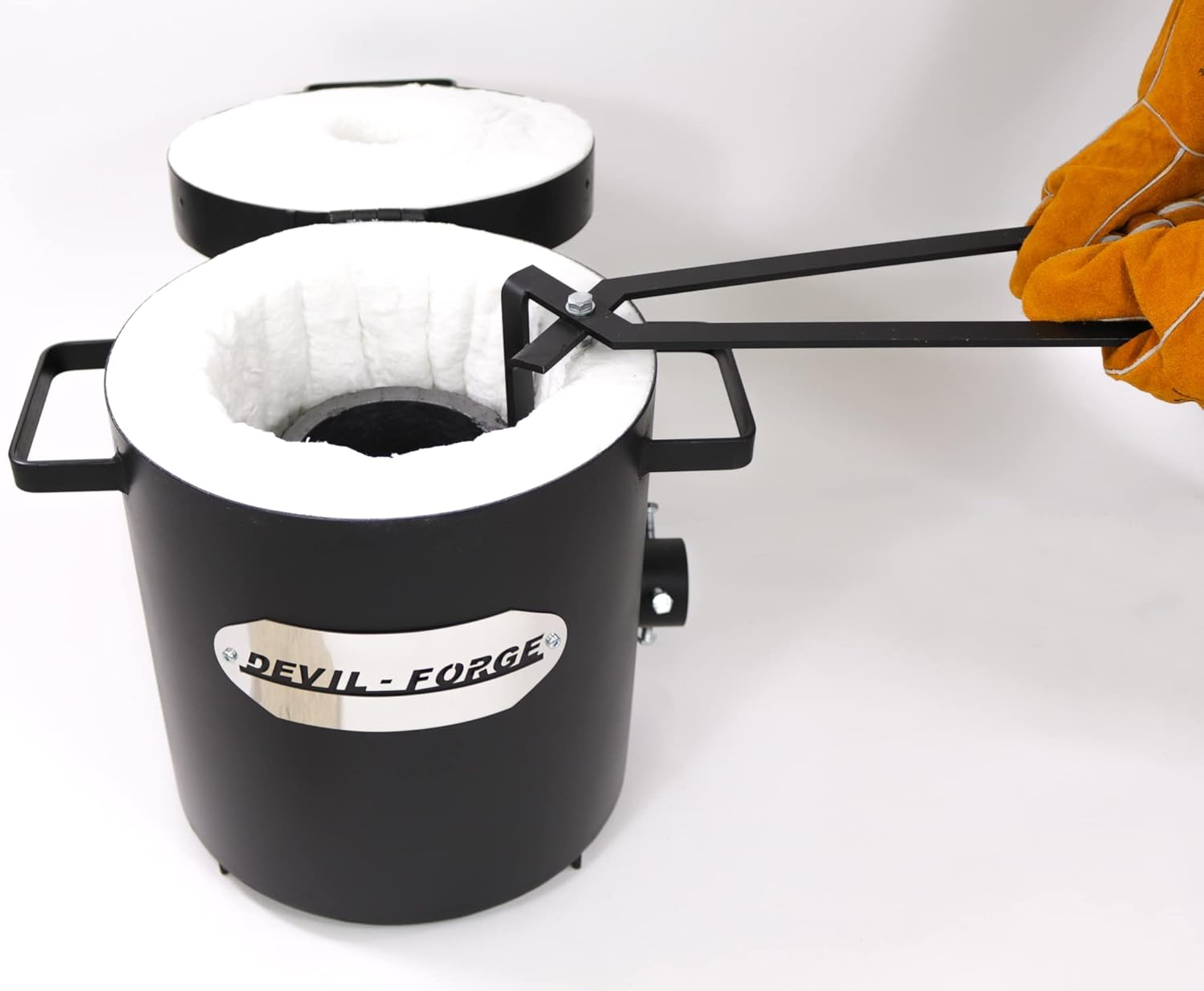DEVIL-FORGE Propane Furnace FB2Mb Full Kit - 10Kg, Crucible, Tongs, Heat Resistant Gloves, 1 DFC Burner (180.000 BTU) Foundry Jewelers Metalsmiths Refiners 2642°F/1450°C Brass Copper Bronze Silver etc