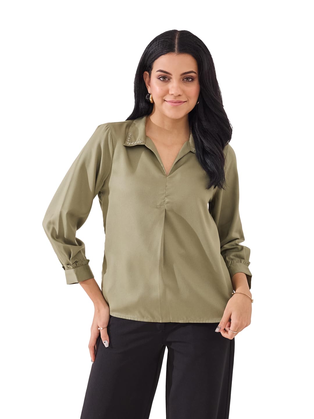 latin quarters Women's Green Solid 3/4th Sleeve Collar Neck Casual Tunic-picture-40