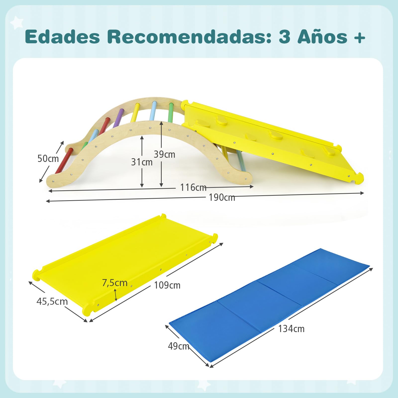 COSTWAY 3 en 1 Escalada de Arco para Niños con Cojín, Triángulo Rampa Reversible para Escalar y Deslizarse, Escalera Abovedada Versátil para Niños para Uso Interno, Carga 60 kg (Multicolor)