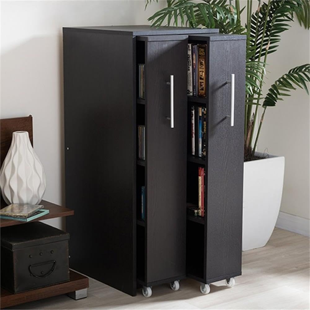 Dark Brown Wood Bookcase with Pull-Out Doors and Shelves