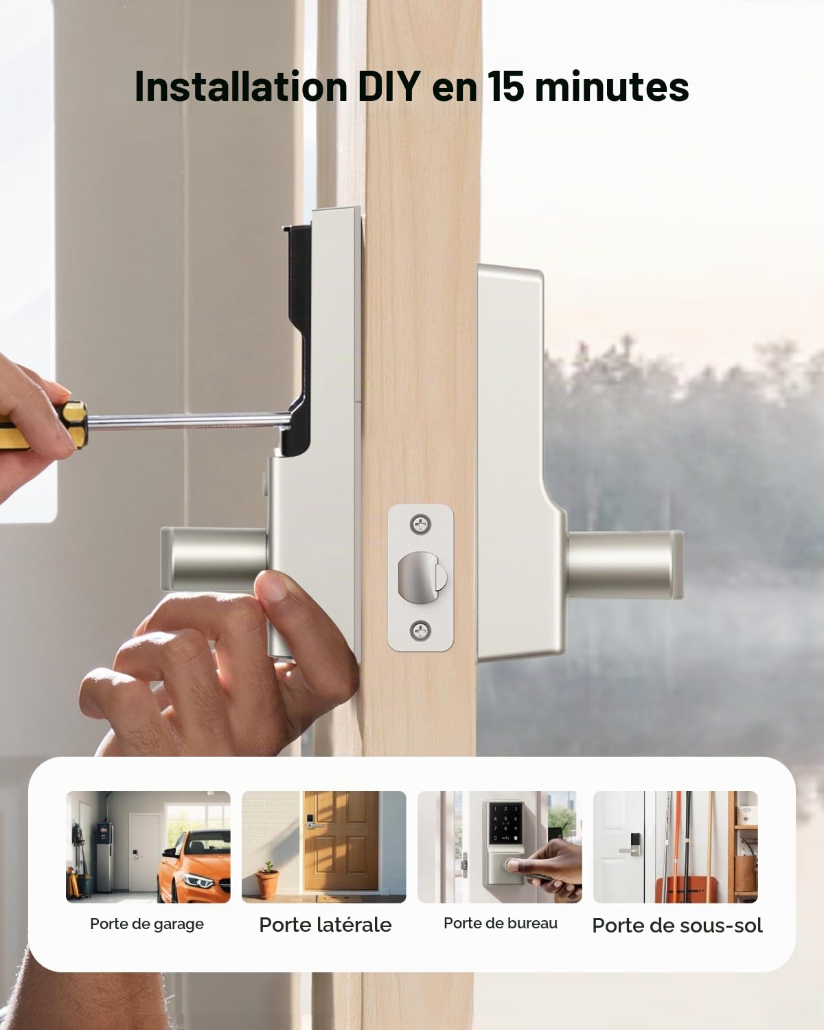 eufy Smart Lock C33, serrure de porte à clavier avec poignée, bouton de porte à empreintes digitales, serrure de porte d'entrée sans clé pour porte d'entrée et de chambre, pêne dormant électronique