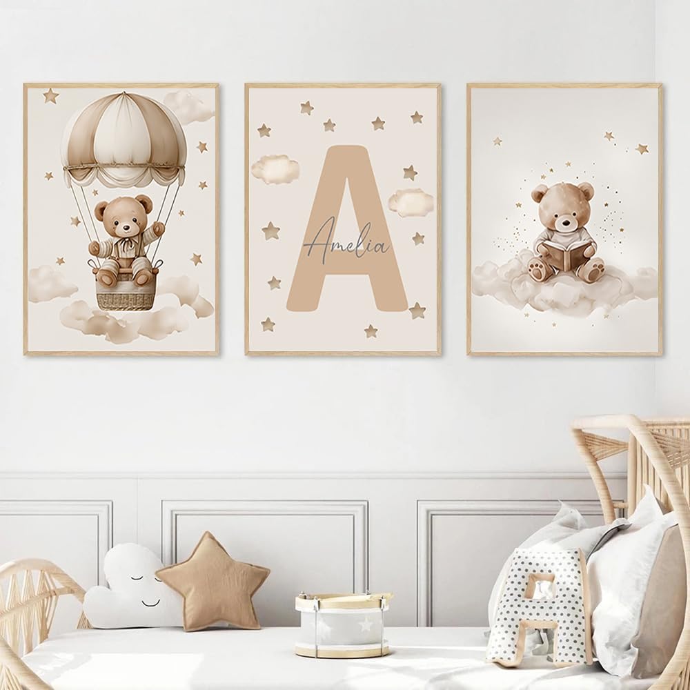 3 Affiche Ours Prenom 30X40CM Poster Ourson Bebe Tableau Decoration Murale Nounours Toile Chambre Enfant Garçon Affiche Personnalisée Enfant Beige Tableau Ourson Chambre Bébé Cadeau sans Cadre