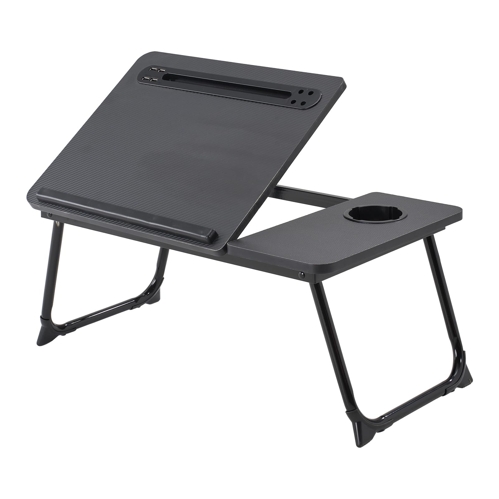 Tilt Laptop Table with USB Ports, Samll Fan and Light, Black Carbon Fiber