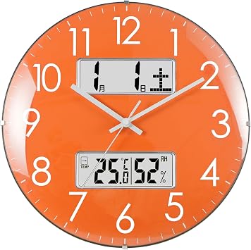 Wall Clock, Atomic Clock, Temperature, Humidity, Date, Day Display, 13.0 inches 33 cm Diameter, Analog, Night Second Hand Stops 22 to 6 o'clock, Quiet, Spherical Glass, Orange Q-246